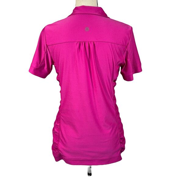 Athleta Medium BIrdie Polo Top V-Neck Stretch Ruched Sides Short Sleeves Pink - Picture 5 of 10